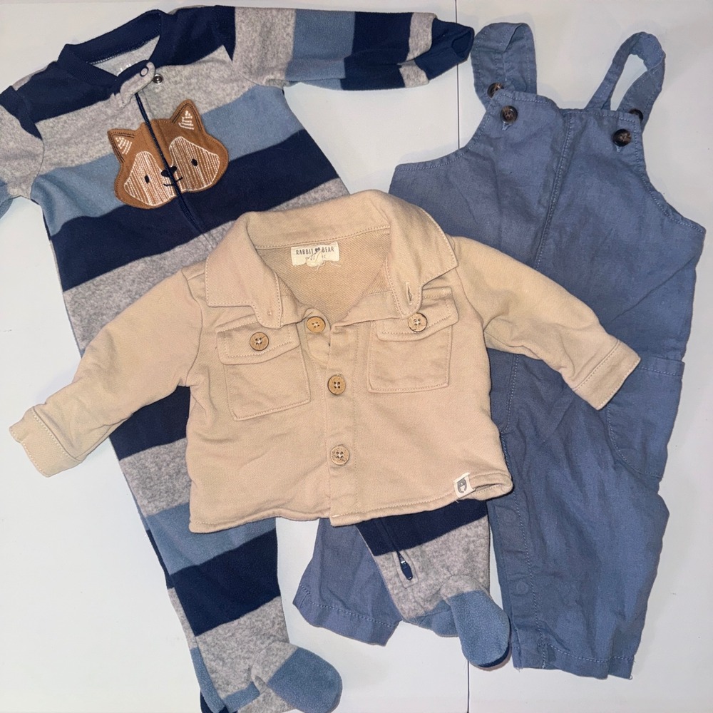 Child of Mine Rabbit Bear Baby Boy Bundle 3-6M Fleece Romper Jacket Overalls